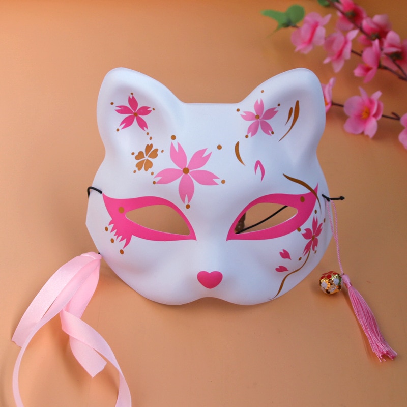 Masque Japonais Chat Fleurs Roses
