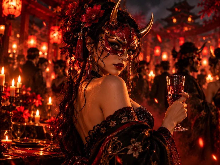 Masques japonais portés pour une soirée costumée