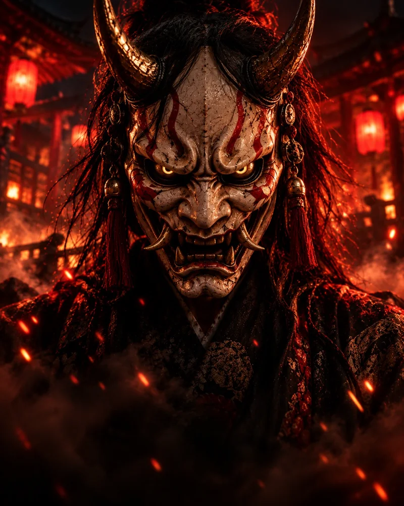 Masque japonais Hannya rouge porté