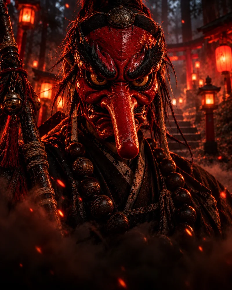 Masque japonais Tengu au long nez porté
