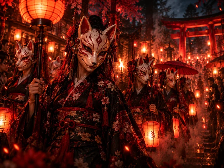 Procession traditionnelle avec masques Kitsune